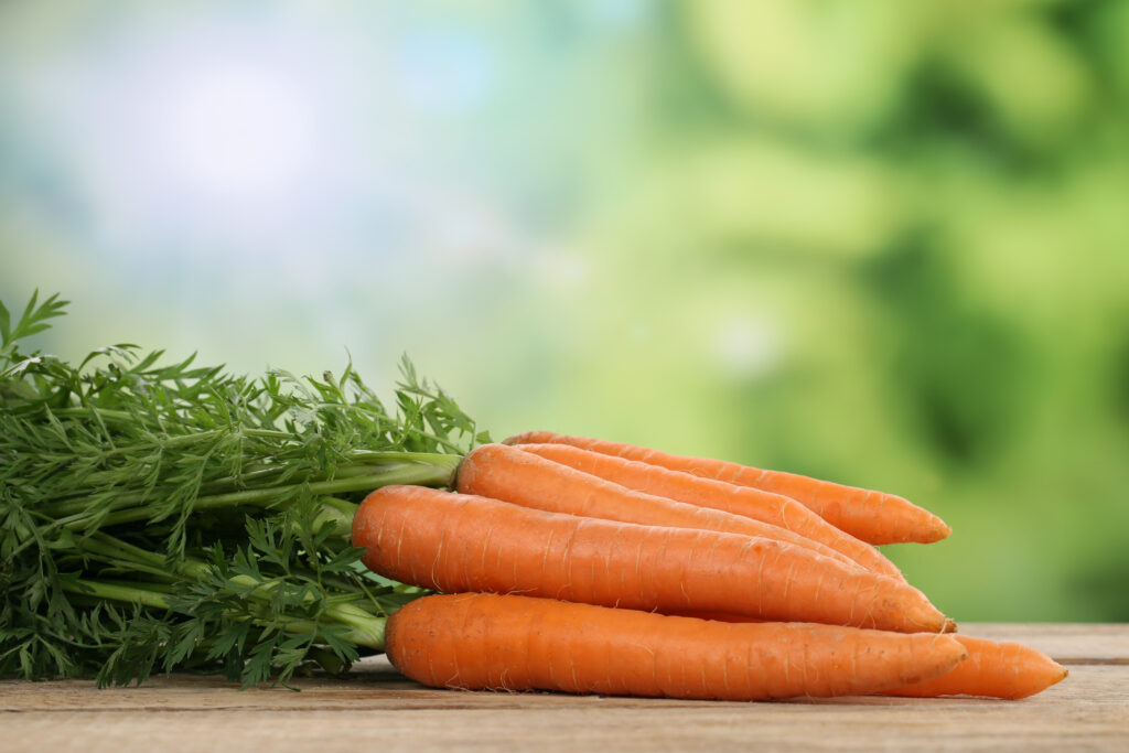 Fresh carrots and a bunch of carrot greens laid out on a wooden surface with a soft, natural green background, highlighting the ingredients' farm-fresh quality.