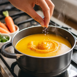 A hand sprinkling salt over a steaming pot of smooth carrot and ginger soup, finishing the dish with a final touch of seasoning for a delicious and soothing meal.