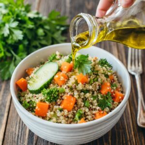 Pouring olive oil from a clear glass bottle over a bowl of quinoa salad, adorned with fresh cucumber slices, diced carrots, and parsley, ready to be tossed and served.