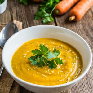 A bowl of creamy soothing carrot and ginger soup garnished with fresh coriander leaves, ready to be enjoyed. The soup's vibrant orange hue promises a delicious and soothing meal for those with gastritis.