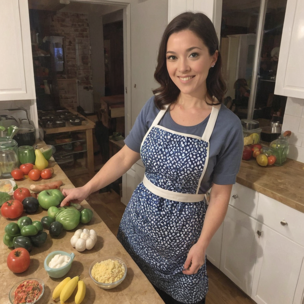 A smiling woman in a blue patterned apron stands in a home kitchen, pointing to a variety of fresh vegetables and fruits on the counter, highlighting a healthy, gastritis-friendly cooking environment.