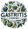 Logo of Gastritis Cooking - stylized green fruits, vegetables, and grains encircling modern, easy-to-read text 'Gastritis Cooking', symbolizing health and wellness.