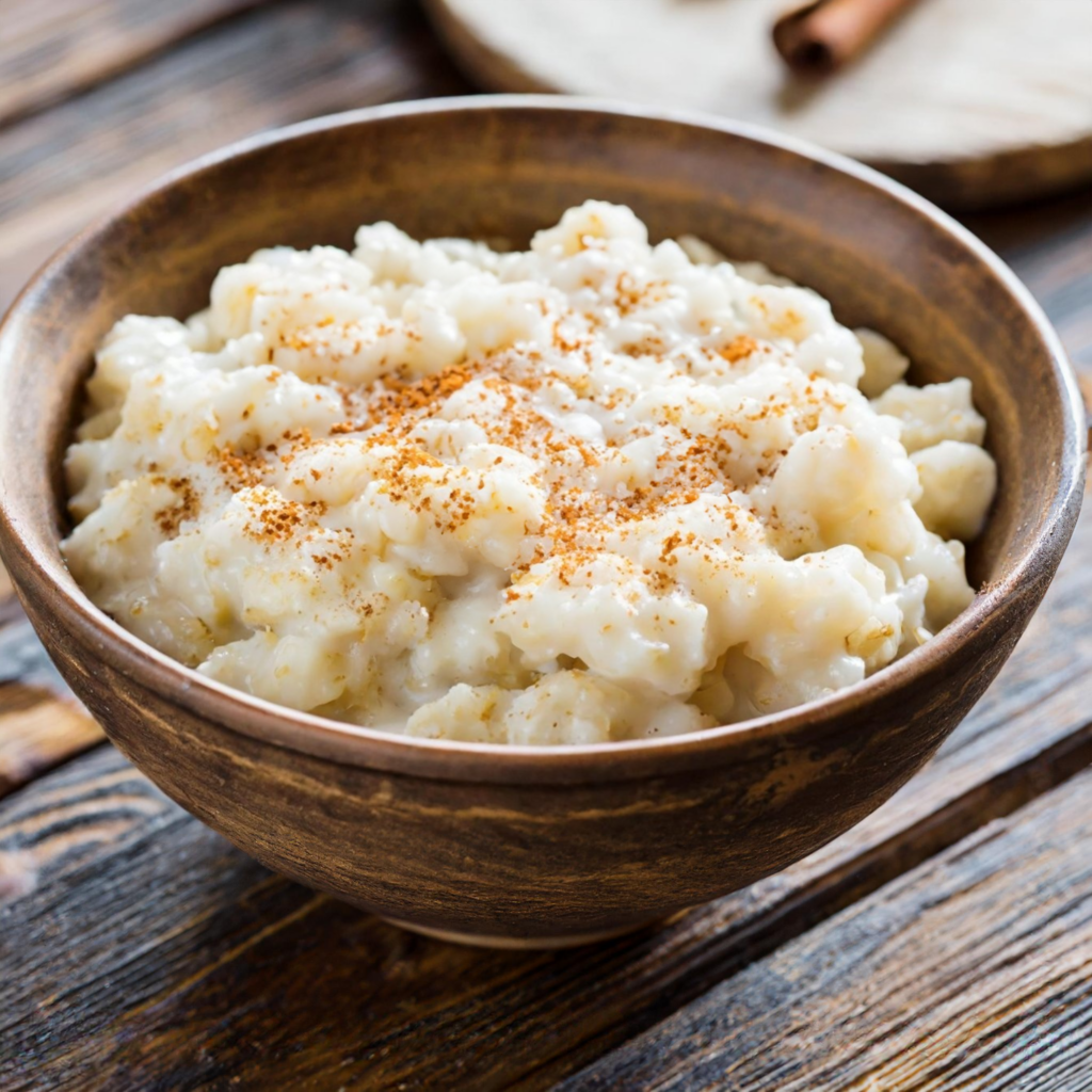 A gastritis-friendly breakfast of warm bowl of porridge topped with a dusting of cinnamon and combined with mashed bananas.