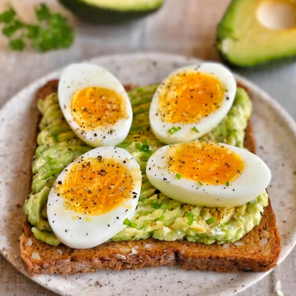 Artfully arranged on a rustic plate, a slice of gluten-free toast is layered with creamy avocado mash and crowned with halved soft-boiled eggs sprinkled with fresh parsley and black caraway seed, ready to be savored.