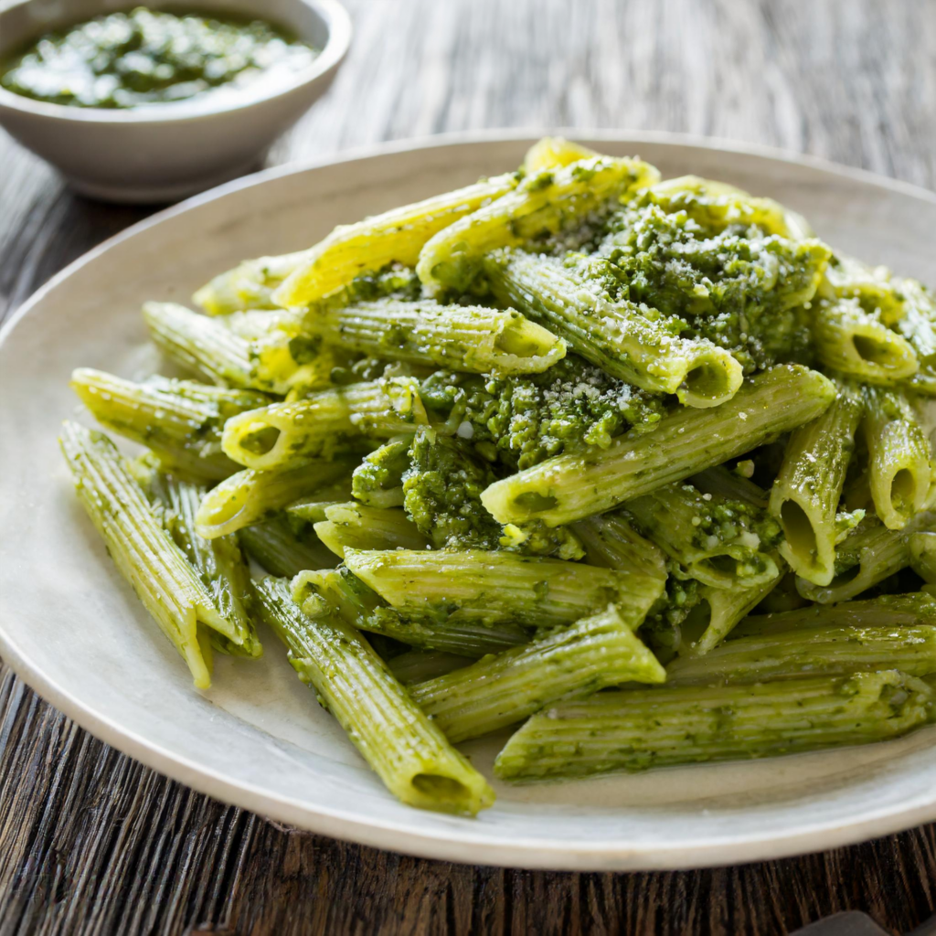 Gluten-free penne pasta generously coated with vibrant green spinach and walnut pesto, garnished with a dusting of nutritional yeast, presenting a perfect gastritis-friendly meal.