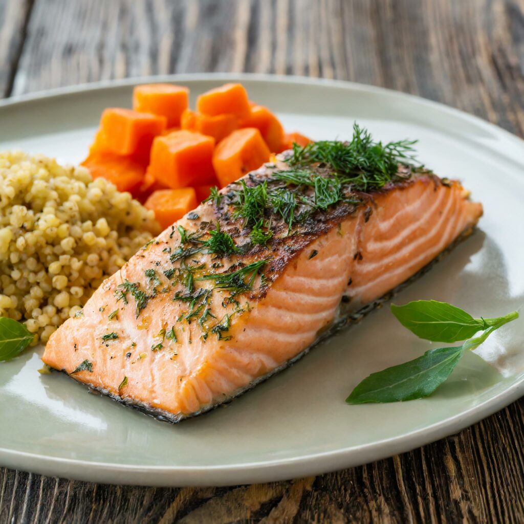 A plate of oven-baked Gentle Herb Salmon seasoned with herbs alongside a serving of boiled millet and sliced carrots, garnished with basil.