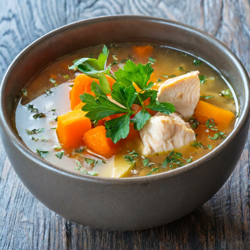 A bowl of nourishing chicken and vegetable soup garnished with fresh parsley, featuring tender chunks of chicken, soft diced carrots, and a sprinkle of thyme, representing a healing meal for those with gastritis.