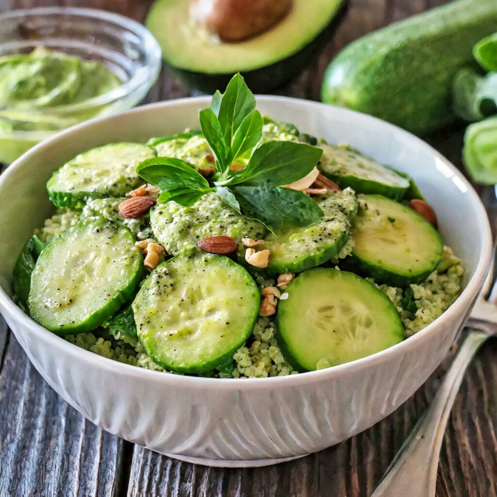 A freshly prepared bowl of Gastritis-Friendly Cucumber Salad topped with a creamy avocado dressing, sprinkled with chopped almonds, garnished with fresh green parsley and dill, ready to be served. In the background, the ingredients used in the recipe, including a whole avocado and cucumber, hint at the freshness and healthiness of the meal.