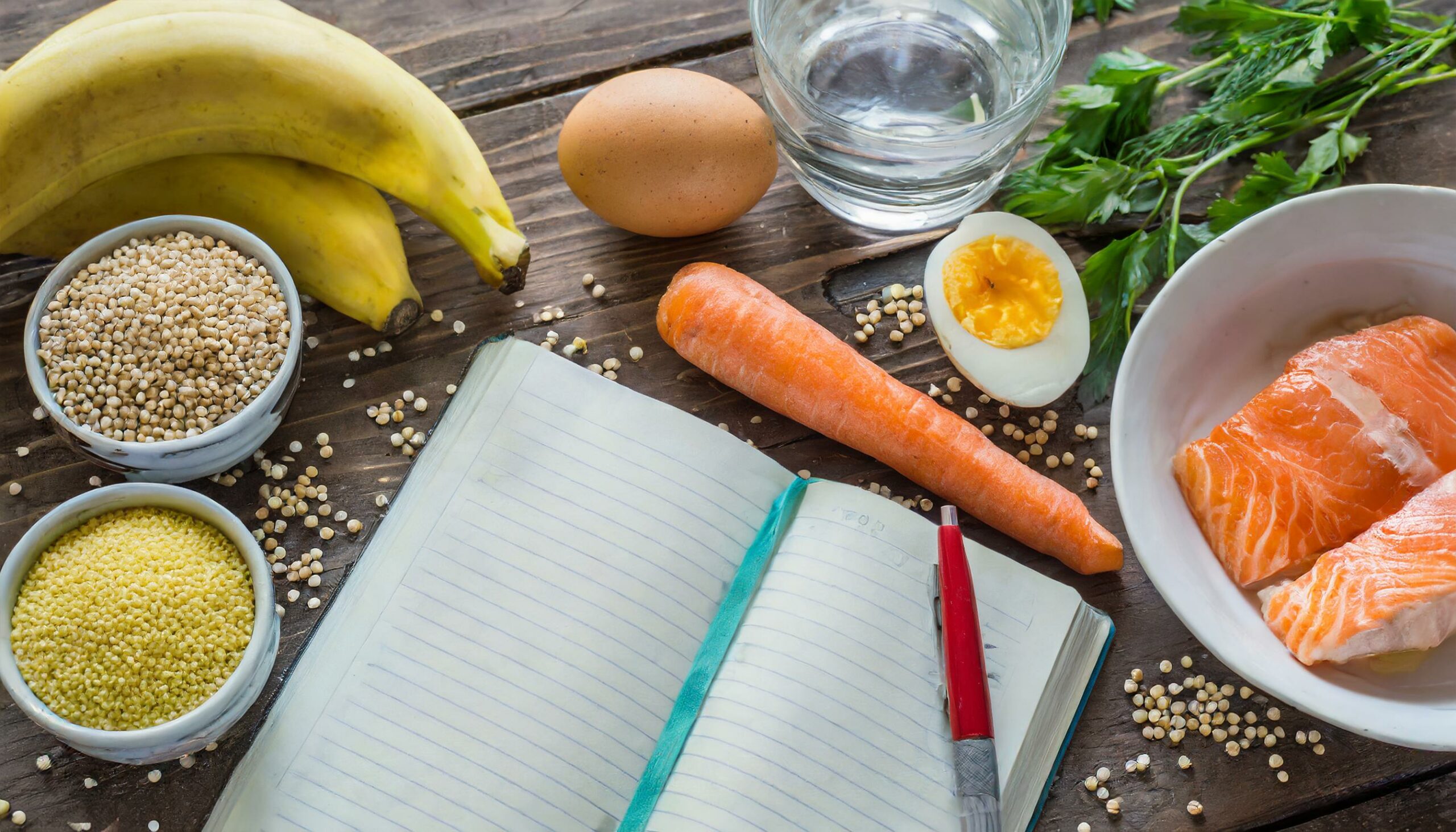 A well-organized food diary setup for a gastritis diet featuring eggs, millet, bananas, water, carrots, and salmon, suggesting a balanced approach to tracking nutritional intake for health management.