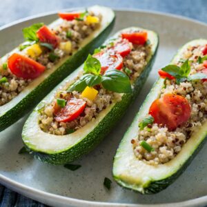 Zucchini boats generously filled with a colorful quinoa mixture, featuring vibrant bell peppers, leek, and tomatoes, topped with fresh basil leaves, ready for the oven.